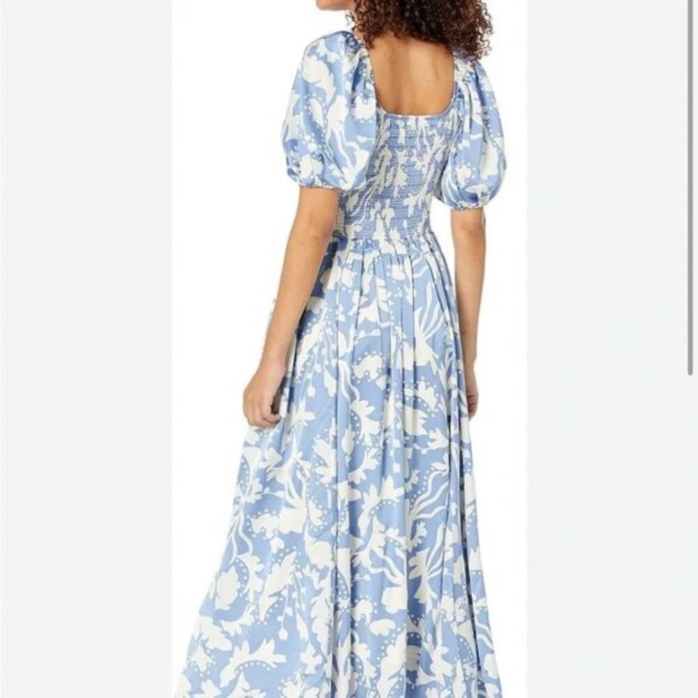 MOON RIVER Womens U Neck Puff Sleeve Shirred Tiered Midi Dress